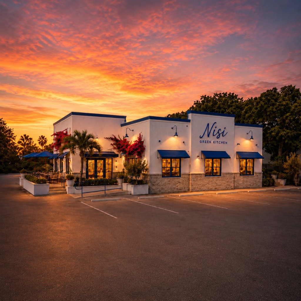 Nisi Greek Kitchen exterior at sunset in Stuart, Florida